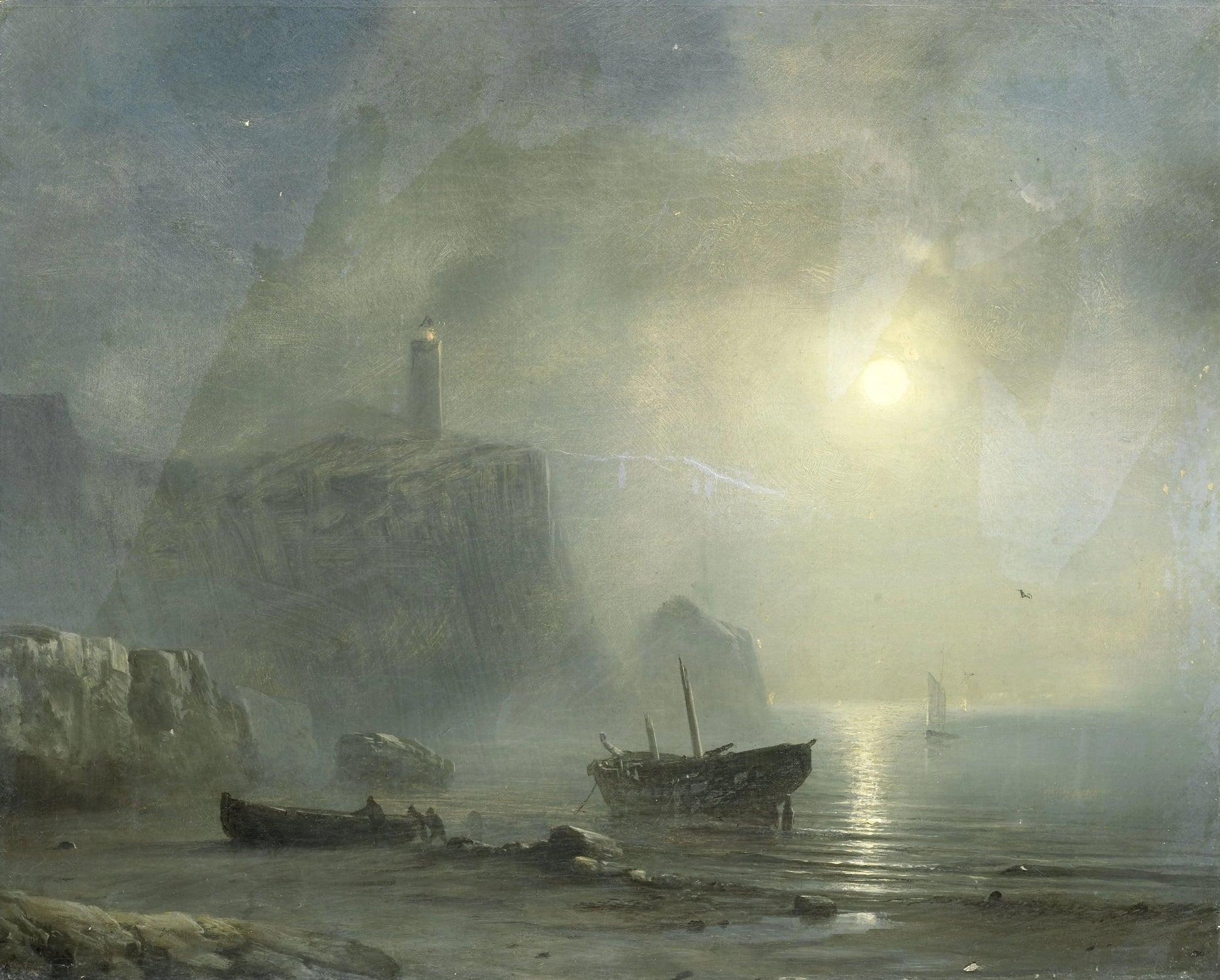 View of a Rocky Coast by Moonlight – toegeschreven aan Théodore Gudin Vintage Marine Scene Art Print | Wall Art Poster