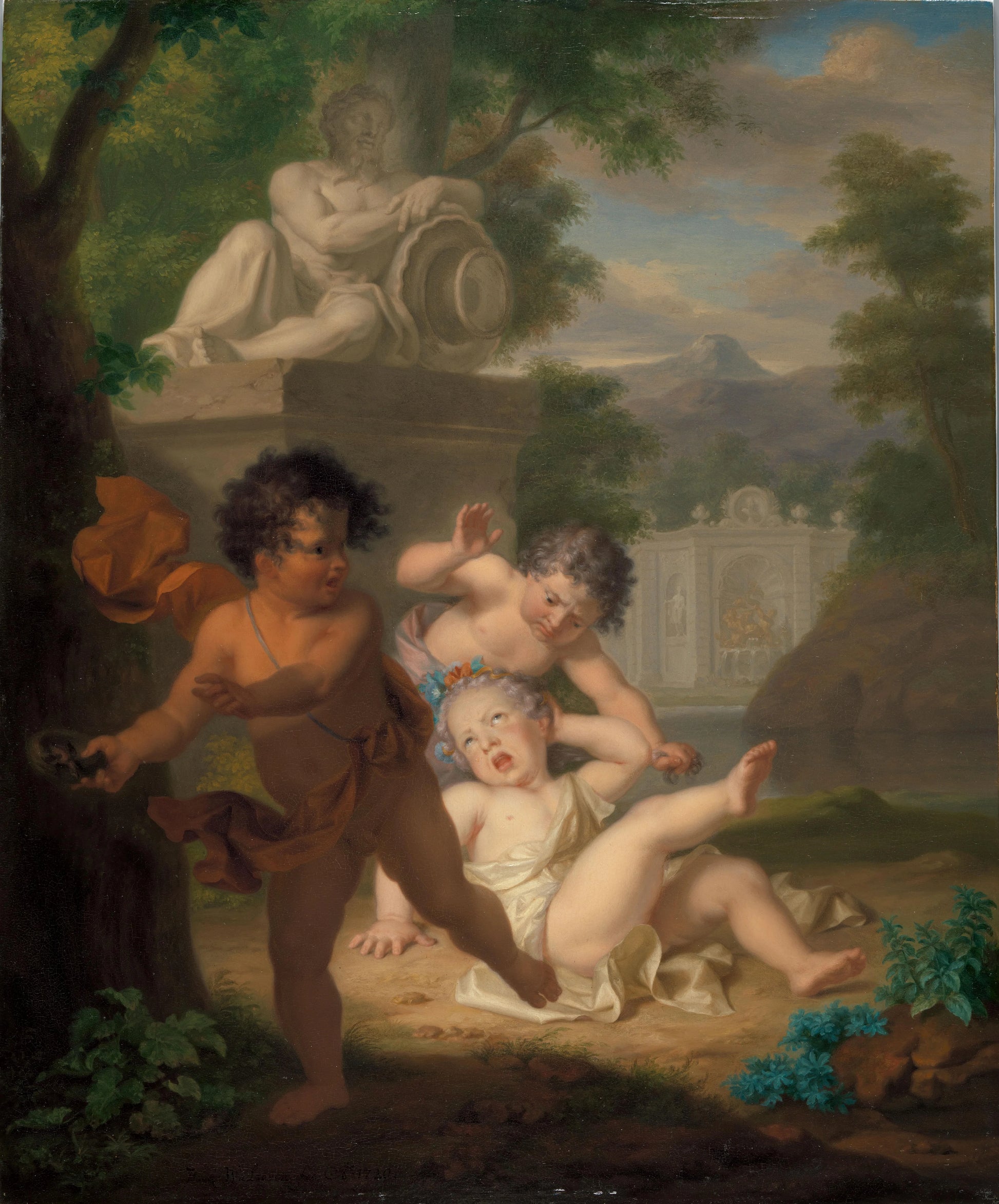 Drie kinderen ruziënd om een vogelnestje – Isaac Walraven (eigenhandig gesigneerd) [verworpen toeschrijving] Vintage Garden Scene Art Print | Wall Art Poster