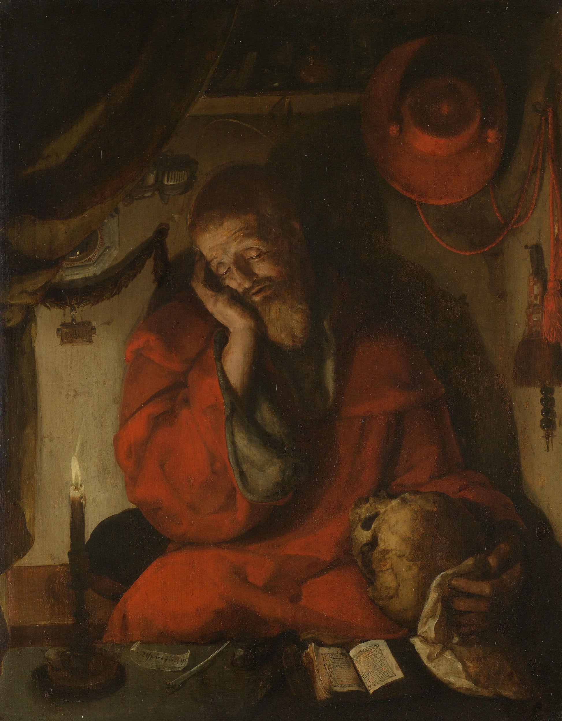 Saint Jerome in his Study by Candlelight – attributed to Aertgen Claesz van Leyden Vintage Art Print | Wall Art Poster