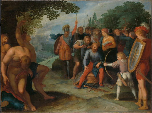 Julius Civilis Having his Hair Cut after the Fall of Vetera, while his Son Kills Some of the Captives – Otto van Veen Vintage Art Print | Wall Art Poster