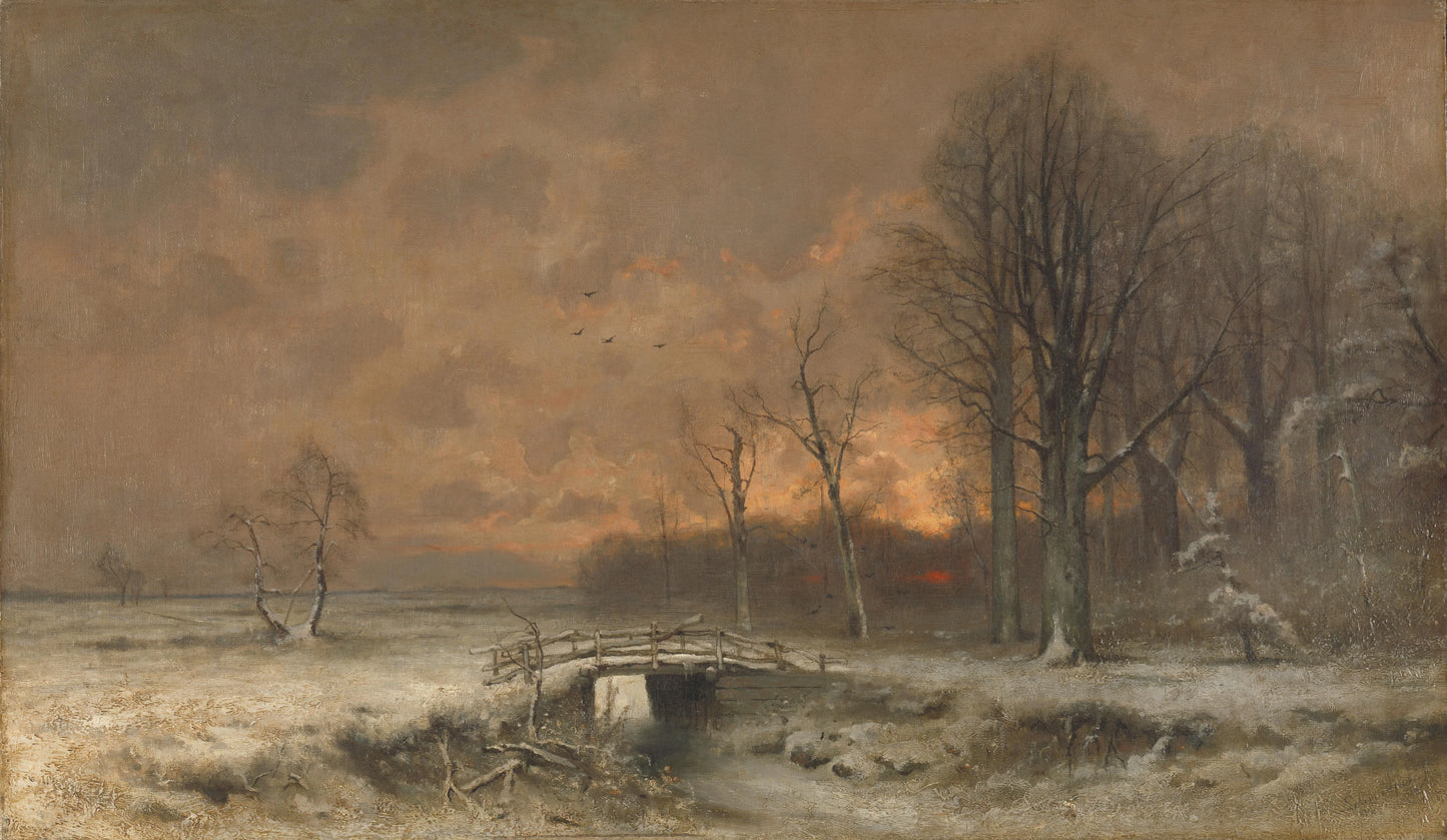 Winter Scene with the Sun Setting Behind Trees – Louis Apol Vintage Landscape Art Print | Wall Art Poster
