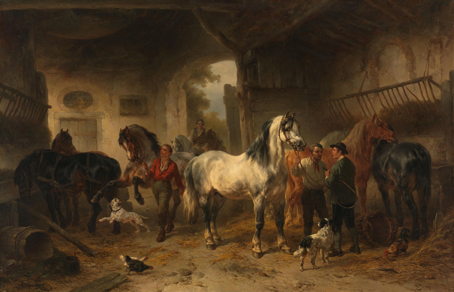 Interieur van een stal met paarden en figuren – Wouter Verschuur (1812-1874) Vintage Animal Study Art Print | Wall Art Poster