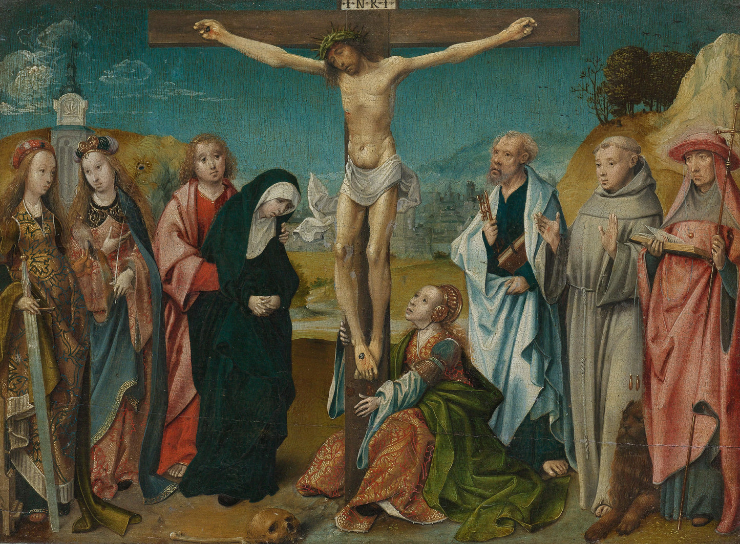Christ on the Cross, with Mary, John, Mary Magdalene and Sts Cecilia and Barbara (left) and Peter, Francis and Jerome (right) – Cornelis Engebrechtsz Vintage Art Print | Wall Art Poster