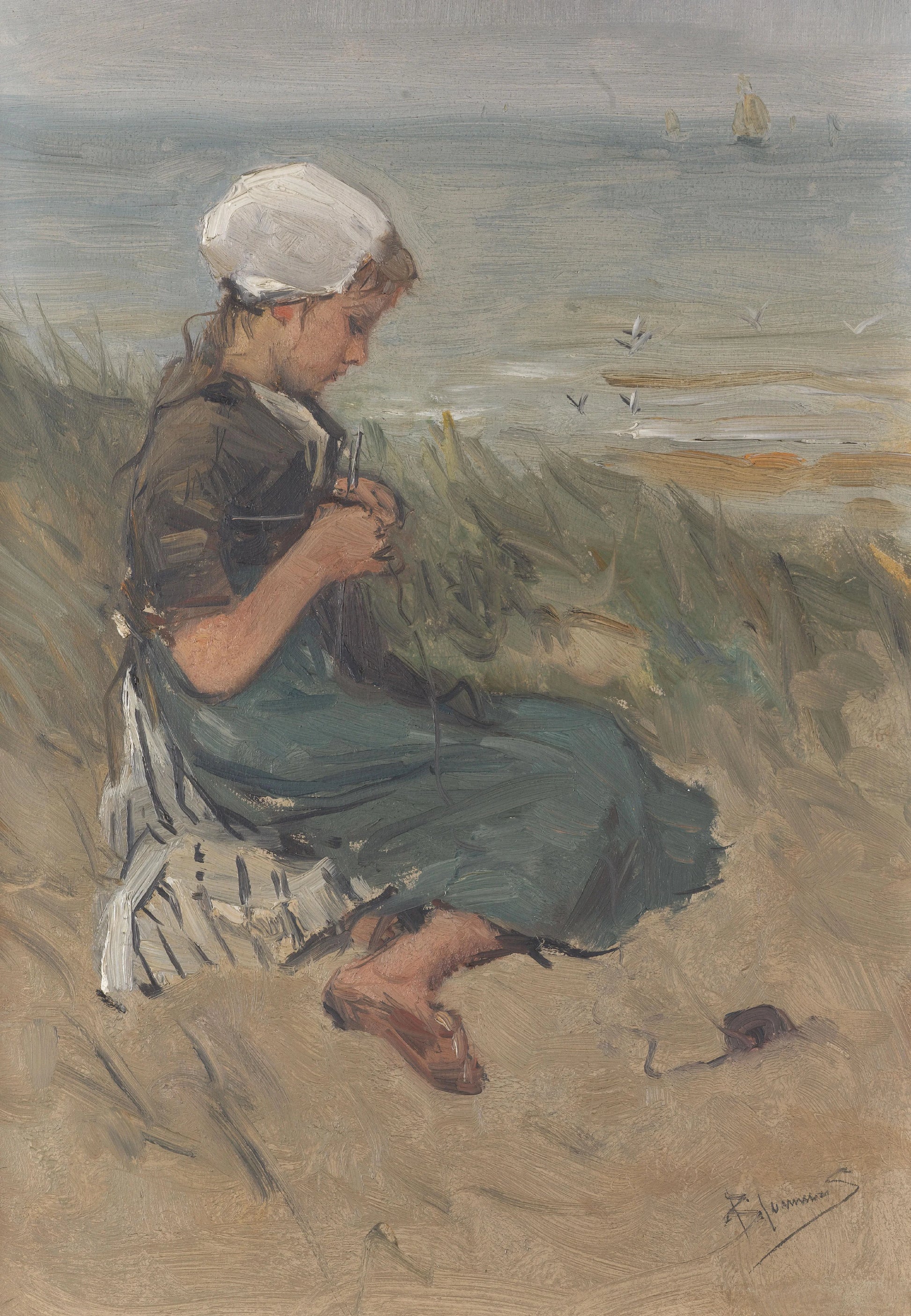 Girl Knitting in the Dunes – Bernardus Johannes Blommers (vermeld op object) Vintage Art Print | Wall Art Poster