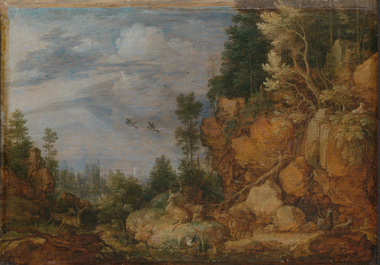 Rocky Landscape with Deer and Goats – Gillis Claesz. de Hondecoeter (eigenhandig gesigneerd) Vintage Landscape Art Print | Wall Art Poster