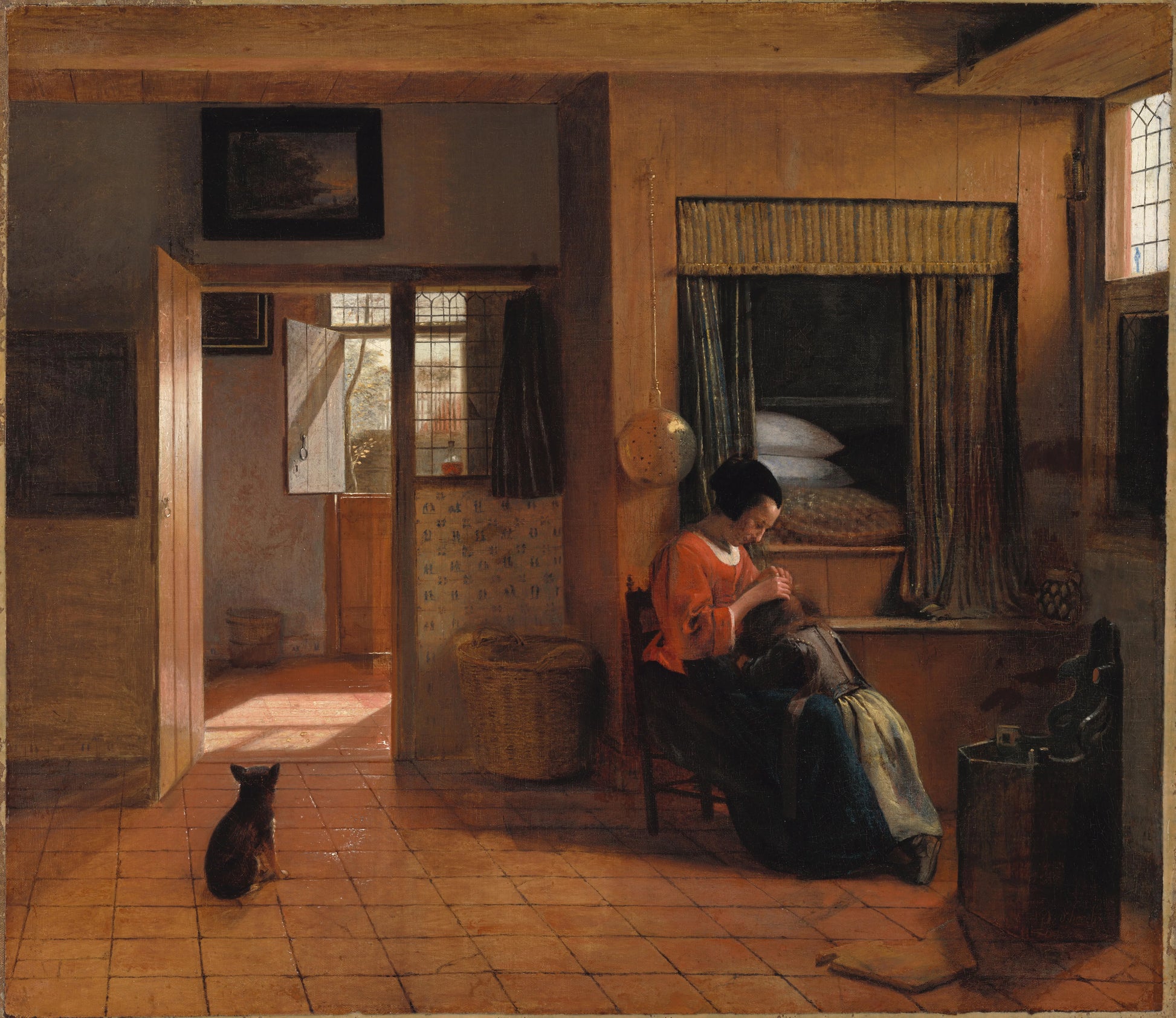 A Mother Delousing her Child’s Hair, Known as ‘A Mother’s Duty’ – Pieter de Hooch Vintage Garden Scene Art Print | Wall Art Poster