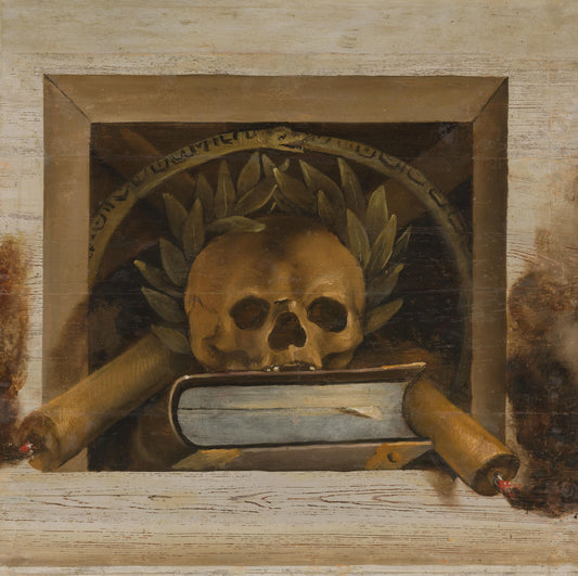 Vanitas Still Life with Scull with Laurel Wreath, Book and two Burning Candles – Jacob van Campen Vintage Still Life Art Print | Wall Art Poster