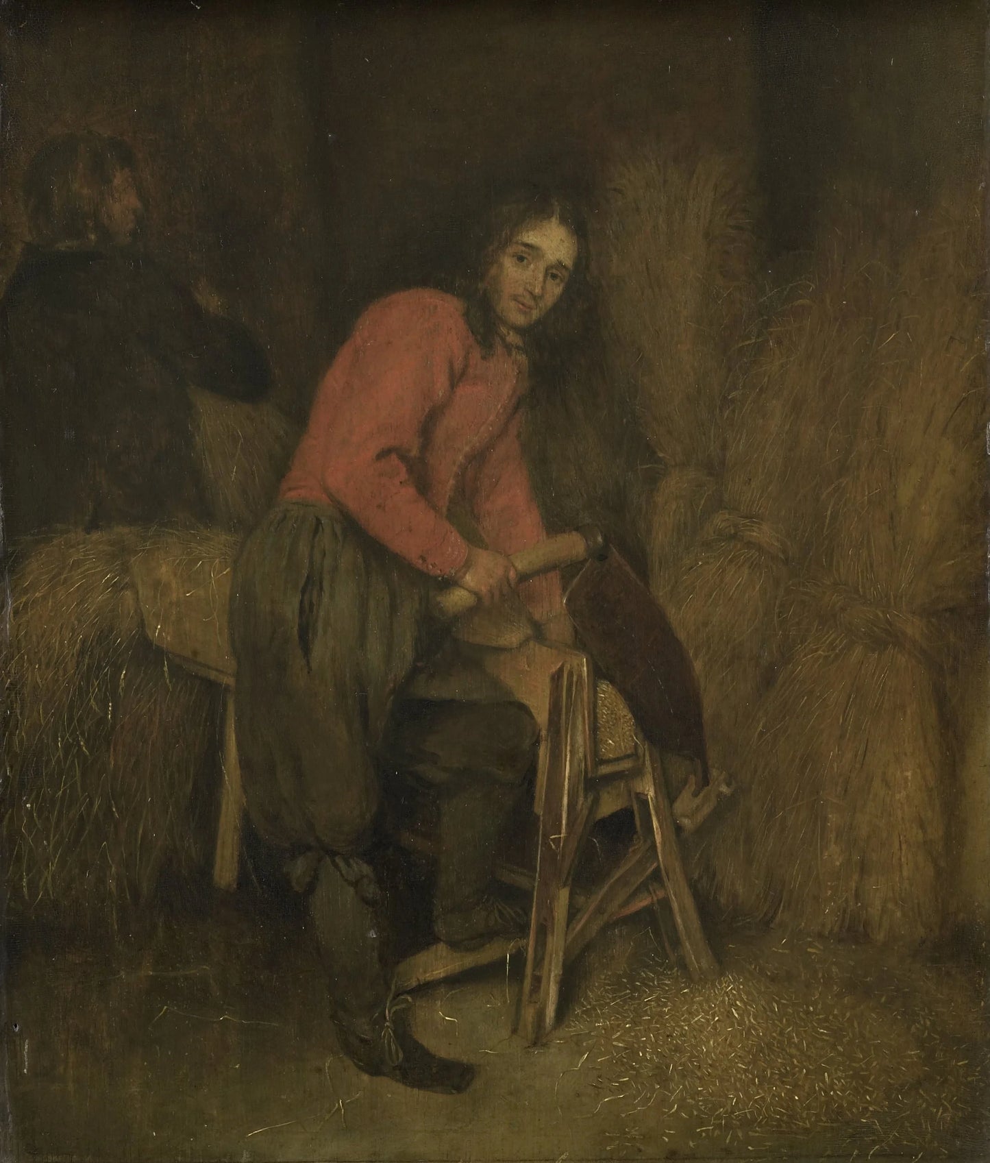Trimming bales of hay – attributed to Caspar Netscher Vintage Art Print | Wall Art Poster