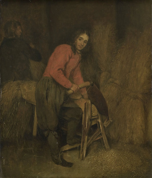 Trimming bales of hay – attributed to Caspar Netscher Vintage Art Print | Wall Art Poster