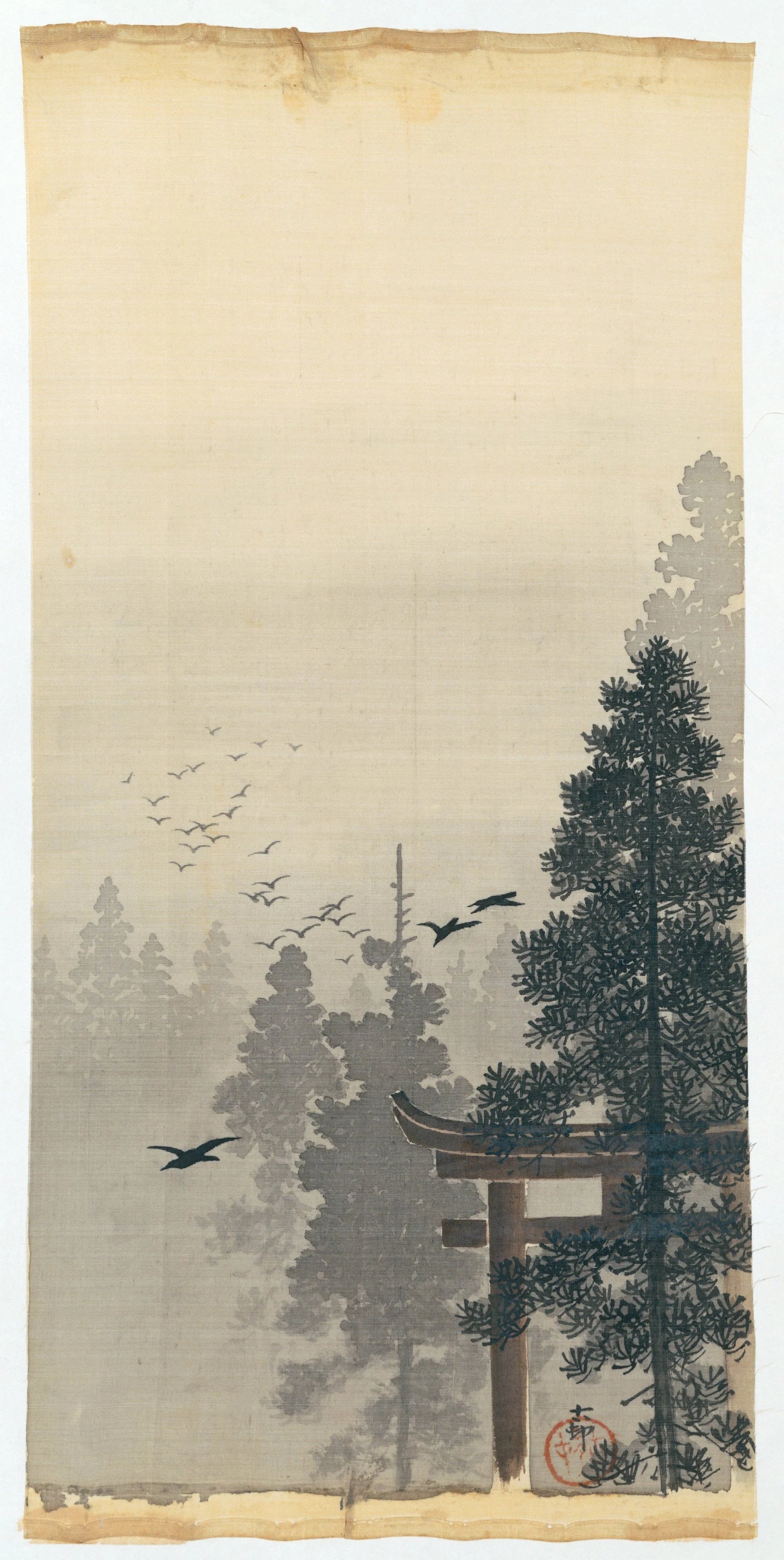 Landschap met zwerm vogels en torii – Ohara Koson Vintage Art Print | Wall Art Poster