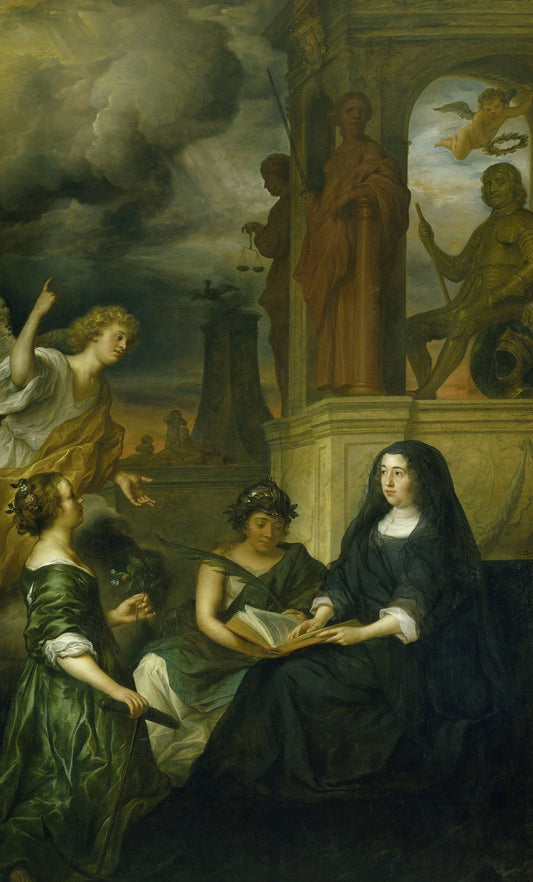Allegory on the Memory of Frederik Hendrik (1584-1647), Prince of Orange, with the Portrait of his Widow Amalia van Solms – Govert Flinck (signed by artist) Vintage Portrait Art Print | Wall Art Poster