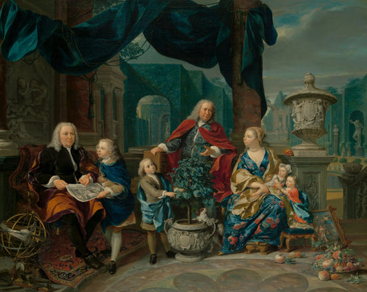 Portrait of David van Mollen and Son-in-Law Jacob Sydervelt with his Family – Nicolaas Verkolje Vintage Portrait Art Print | Wall Art Poster