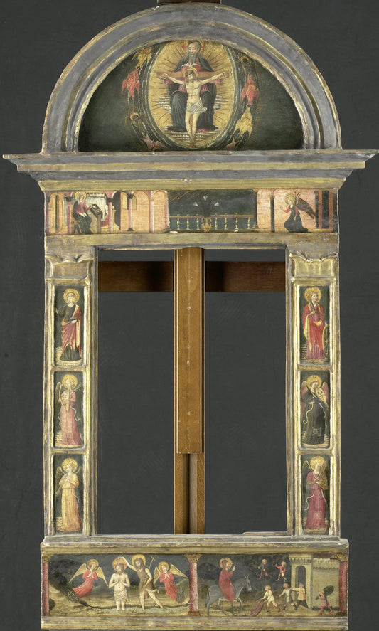 Frame depicting the Annunciation, Baptism of Christ, Entry into Jerusalem, Saints Cecilia and Catherine of Alexandria, Trinity (Gnadenstuhl, Mercy Seat), and four Music-making Angels – omgeving van Giovanni di Francesco del Cervelliera Vintage River Scene