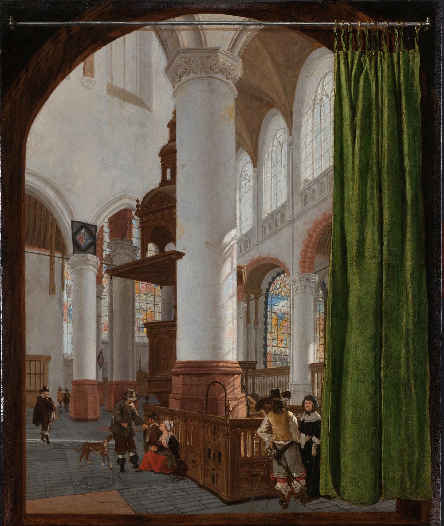 Interior of the Oude Kerk in Delft, with a Trompe l’Oeil Curtain – Gerard Houckgeest (mentioned on object) Vintage Art Print | Wall Art Poster