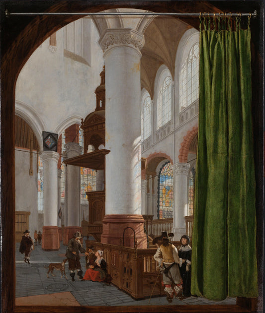 Interior of the Oude Kerk in Delft, with a Trompe l’Oeil Curtain – Gerard Houckgeest (mentioned on object) Vintage Art Print | Wall Art Poster
