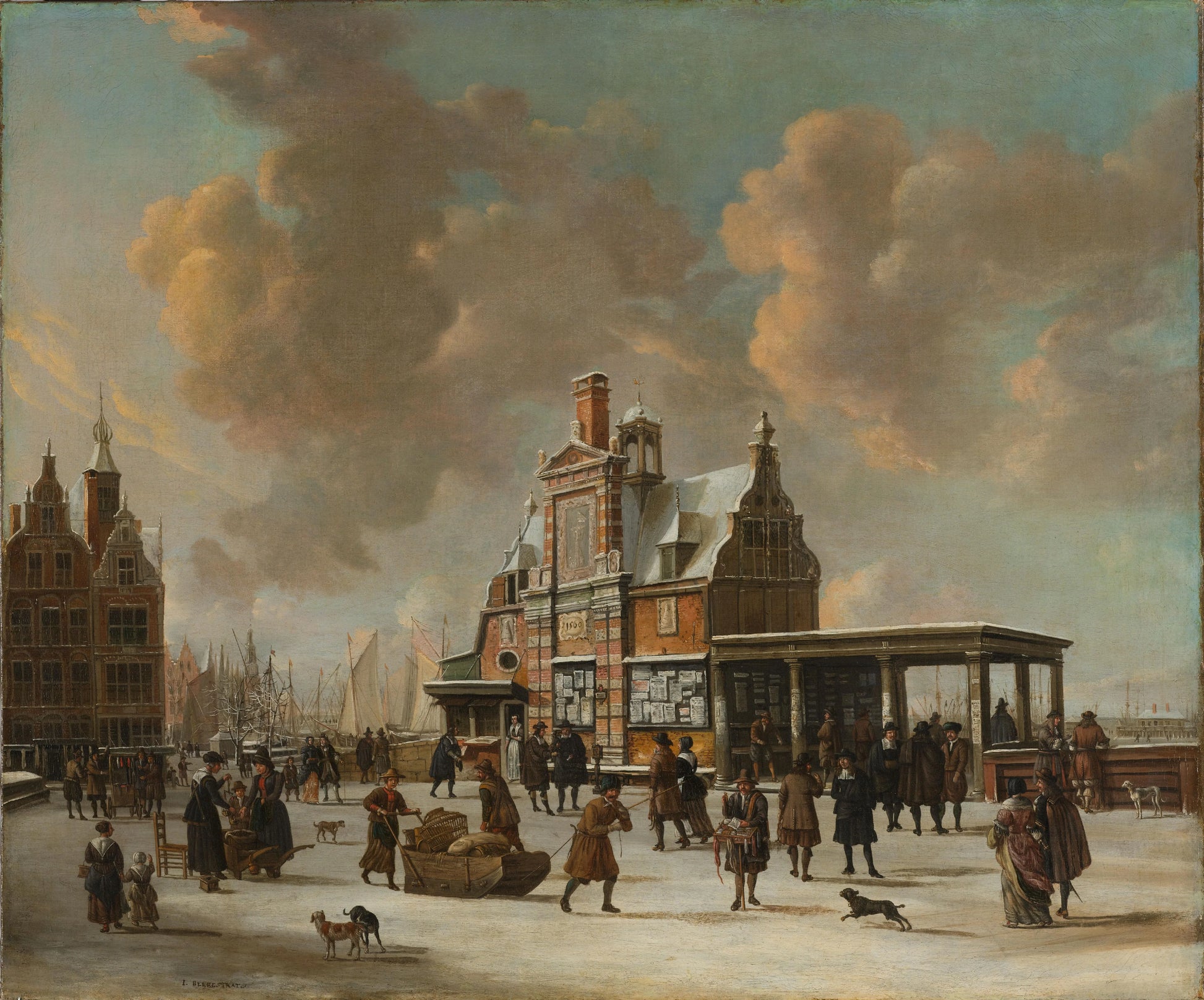 The Paalhuis and the Nieuwe Brug, Amsterdam, in the Winter – Jan Abrahamsz. Beerstraten Vintage Street Scene Art Print | Wall Art Poster