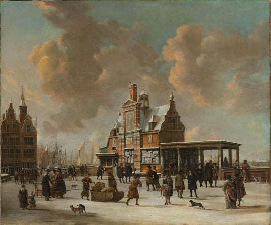 The Paalhuis and the Nieuwe Brug, Amsterdam, in the Winter – Jan Abrahamsz. Beerstraten Vintage Street Scene Art Print | Wall Art Poster