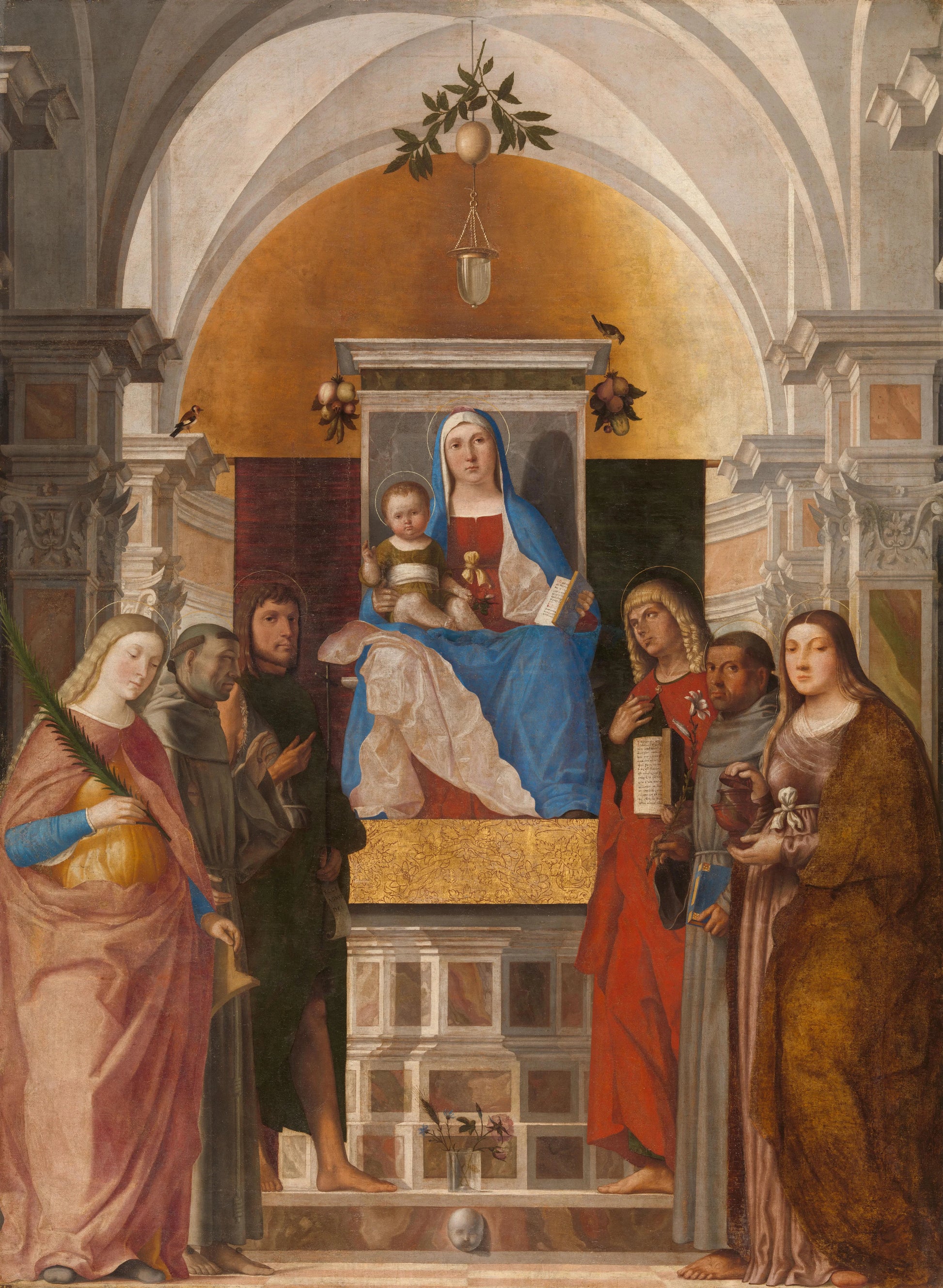 Madonna and Child with Sts Catherine, Francis of Assisi, John the Baptist, John the Evangelist, Antony of Padua and Mary Magdalene – Marcello Fogolino Vintage Art Print | Wall Art Poster