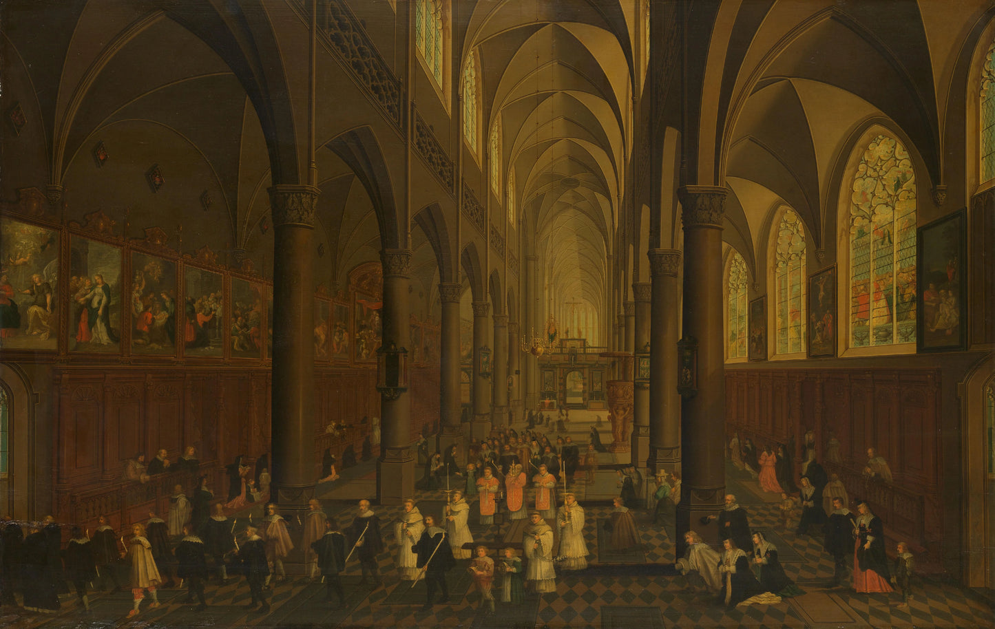 The Interior of the Dominican Church, Antwerp, Looking East, with the Procession of the Holy Sacrament – Peeter Neeffs (I) Vintage Art Print | Wall Art Poster