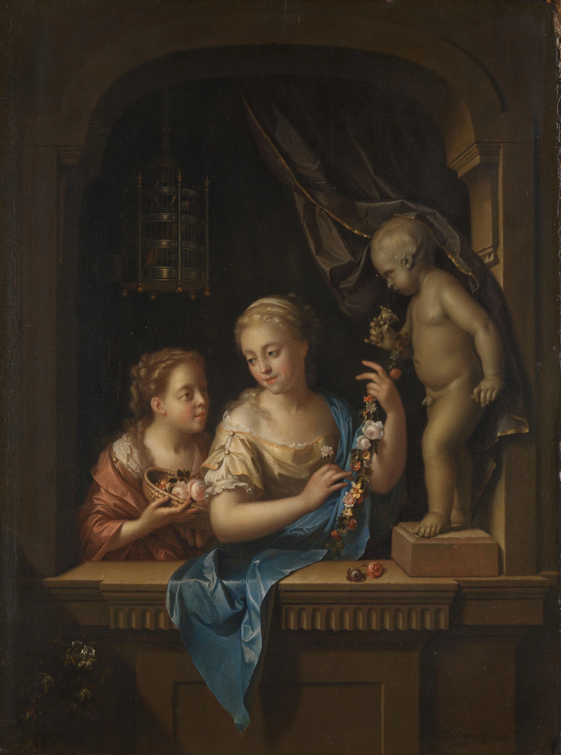 Two Girls with Flowers by a Statue of Cupid – Pieter van der Werff Vintage Floral Art Print | Wall Art Poster