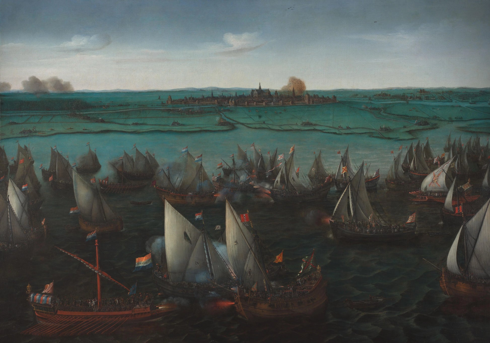 Battle between Dutch and Spanish Ships on the Haarlemmermeer – Hendrik Cornelisz. Vroom (eigenhandig gesigneerd) Vintage Cityscape Art Print | Wall Art Poster