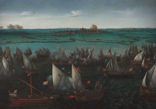 Battle between Dutch and Spanish Ships on the Haarlemmermeer – Hendrik Cornelisz. Vroom (eigenhandig gesigneerd) Vintage Cityscape Art Print | Wall Art Poster