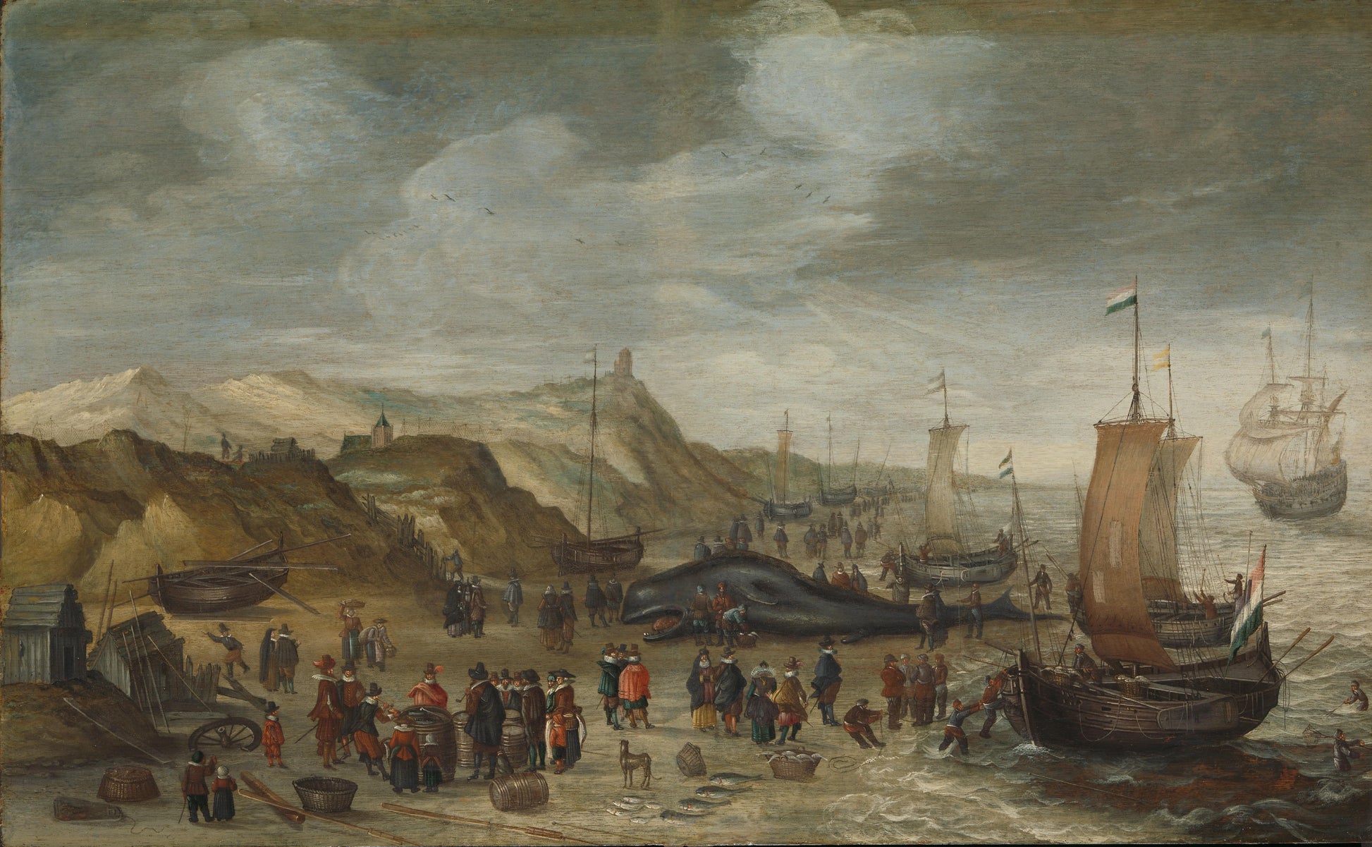 A Sperm Whale Washed up on the Beach at Noordwijk, 28 December 1614 – toegeschreven aan Hans Savery (I) Vintage Marine Scene Art Print | Wall Art Poster