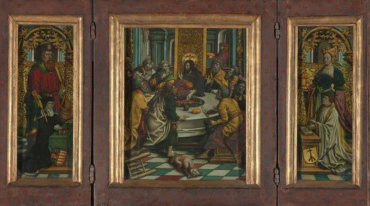 Triptych with the Last Supper (centre panel), Adriana van Roon (c. 1450-1527) with St James the Greater (inner left wing), Dirk Pietersz Spangert (c. 1465-1549) with St Mary Magdalen (inner right wing), the coats of arms of Adriana van Roon (outer left wi