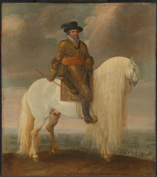Prince Maurits Astride the White Warhorse Presented to him after his Victory at Nieuwpoort – Pauwels van Hillegaert Vintage Art Print | Wall Art Poster