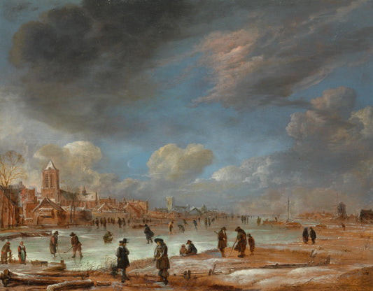 Winter Landscape near a Town with Kolf Players – Aert van der Neer (vermeld op object) Vintage Landscape Art Print | Wall Art Poster