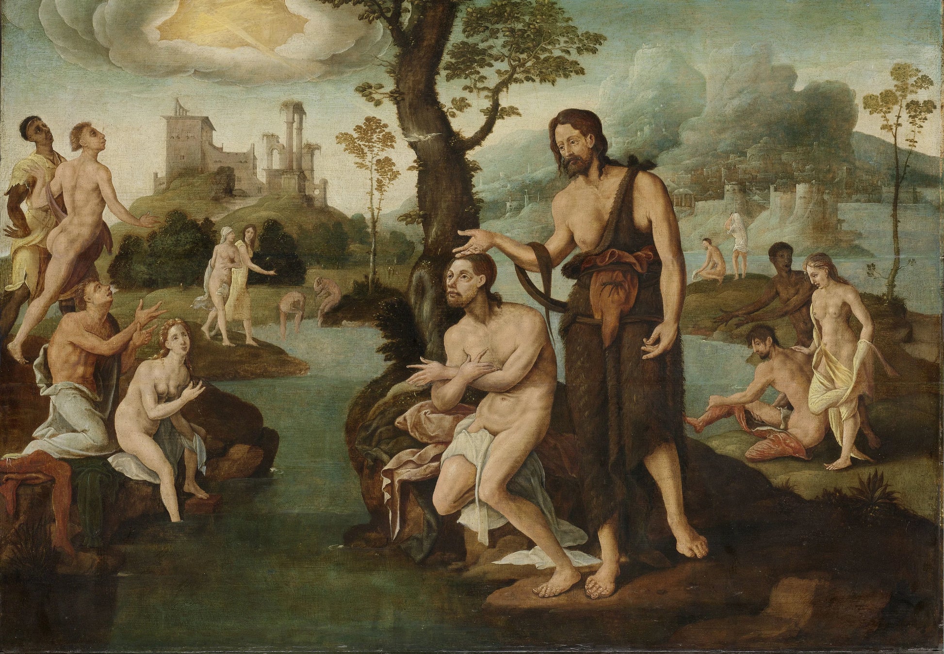 The baptism of Christ – omgeving van Maarten van Heemskerck Vintage River Scene Art Print | Wall Art Poster