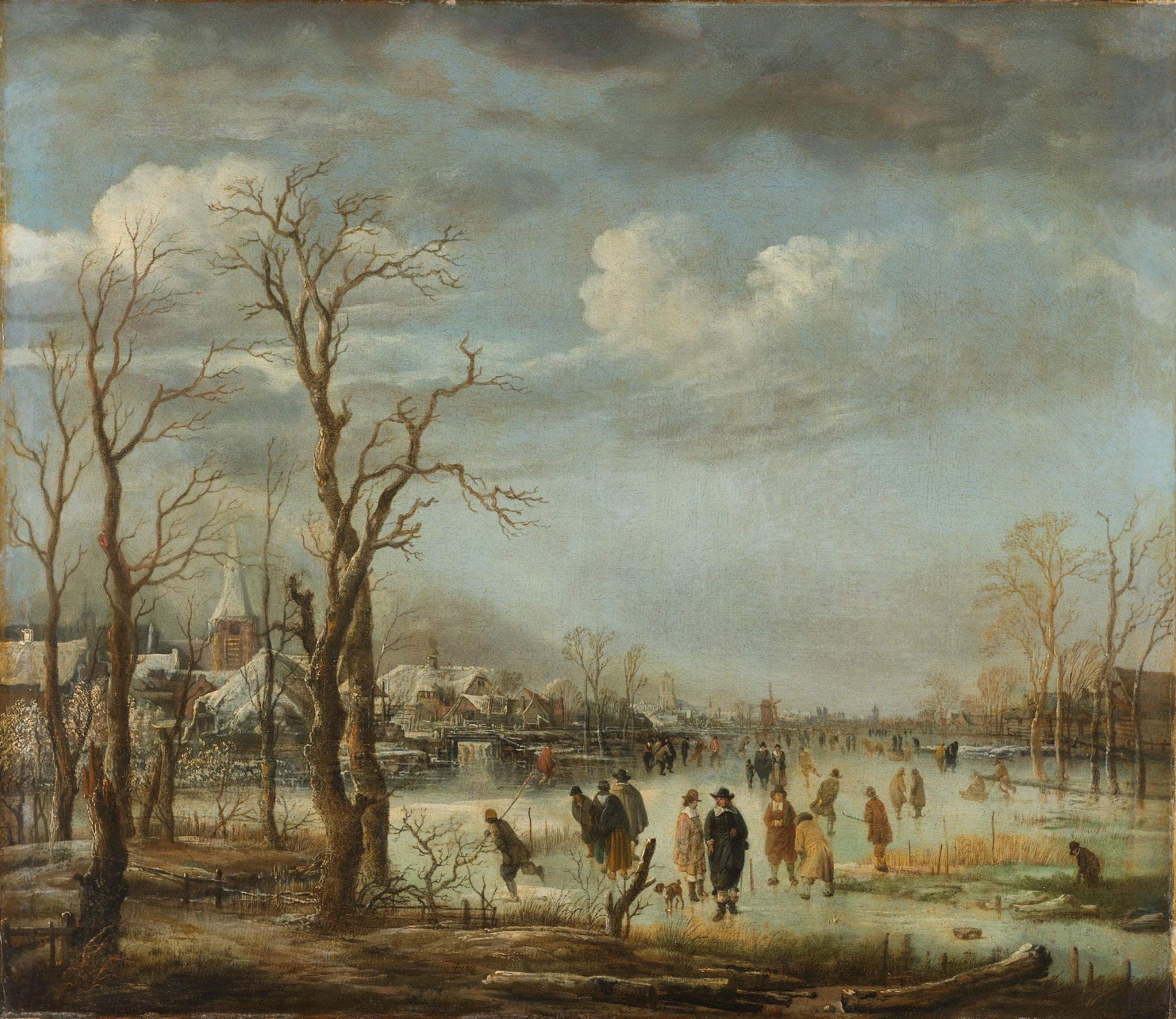 Winter Landscape near a Town with Bare Trees – Aert van der Neer (mentioned on object) Vintage Landscape Art Print | Wall Art Poster