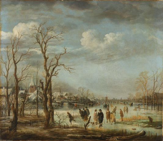 Winter Landscape near a Town with Bare Trees – Aert van der Neer (mentioned on object) Vintage Landscape Art Print | Wall Art Poster