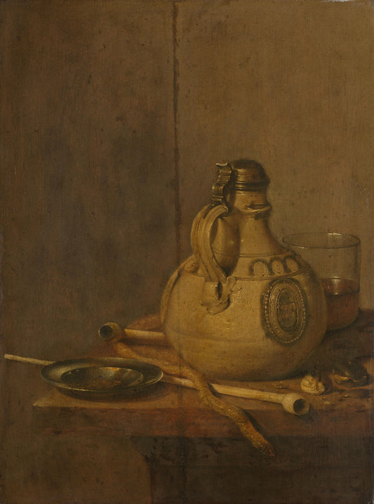 Still Life with Westerwald Jug and Smoking Paraphernalia – Jan Jansz. Treck (eigenhandig gesigneerd) Vintage Still Life Art Print | Wall Art Poster