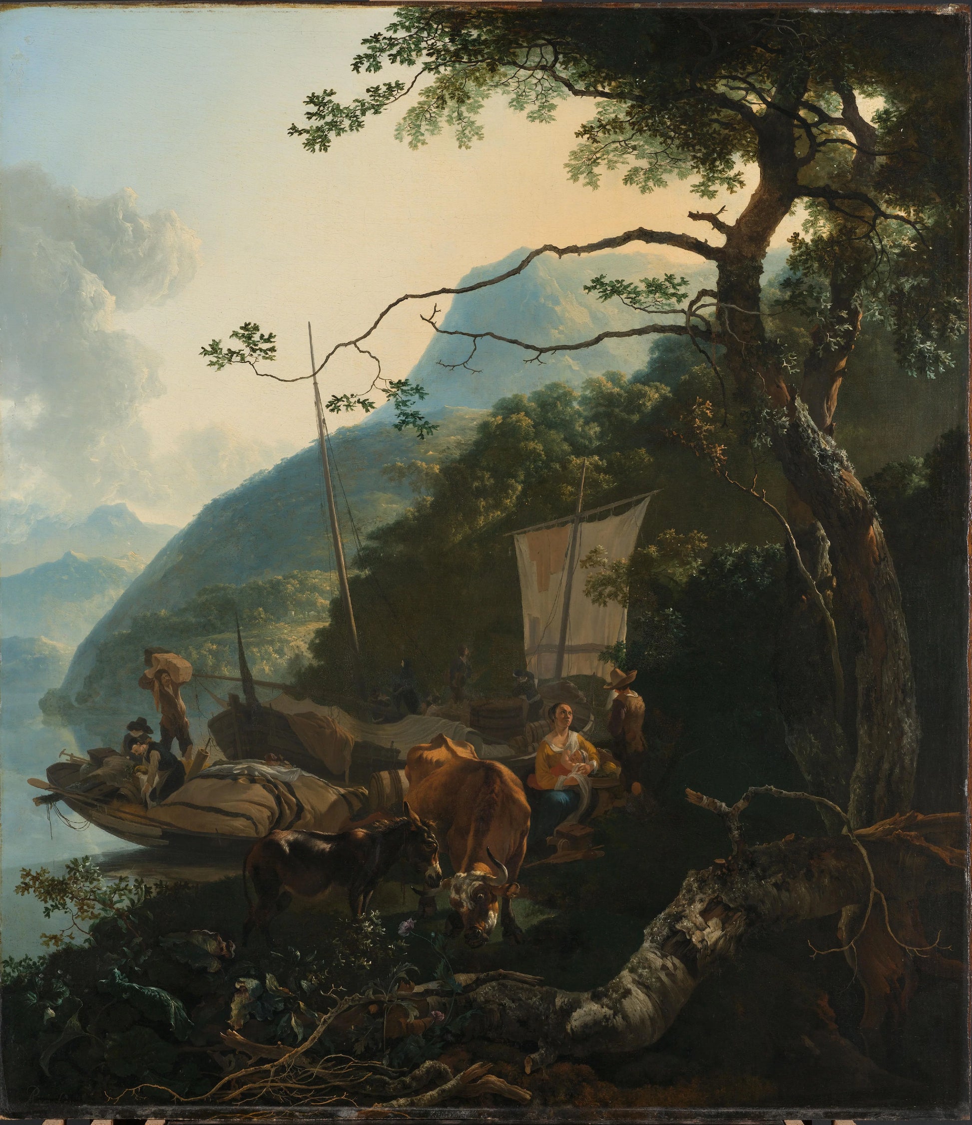 Boatmen moored on the shore of an Italian lake; perhaps intended to represent the flight into Egypt – Adam Pijnacker Vintage Nautical Scene Art Print | Wall Art Poster
