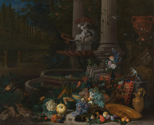 Still Life with Vegetables before a Draped, Overturned Plinth by an Ornamental Fountain – Peeter Gijsels Vintage Still Life Art Print | Wall Art Poster