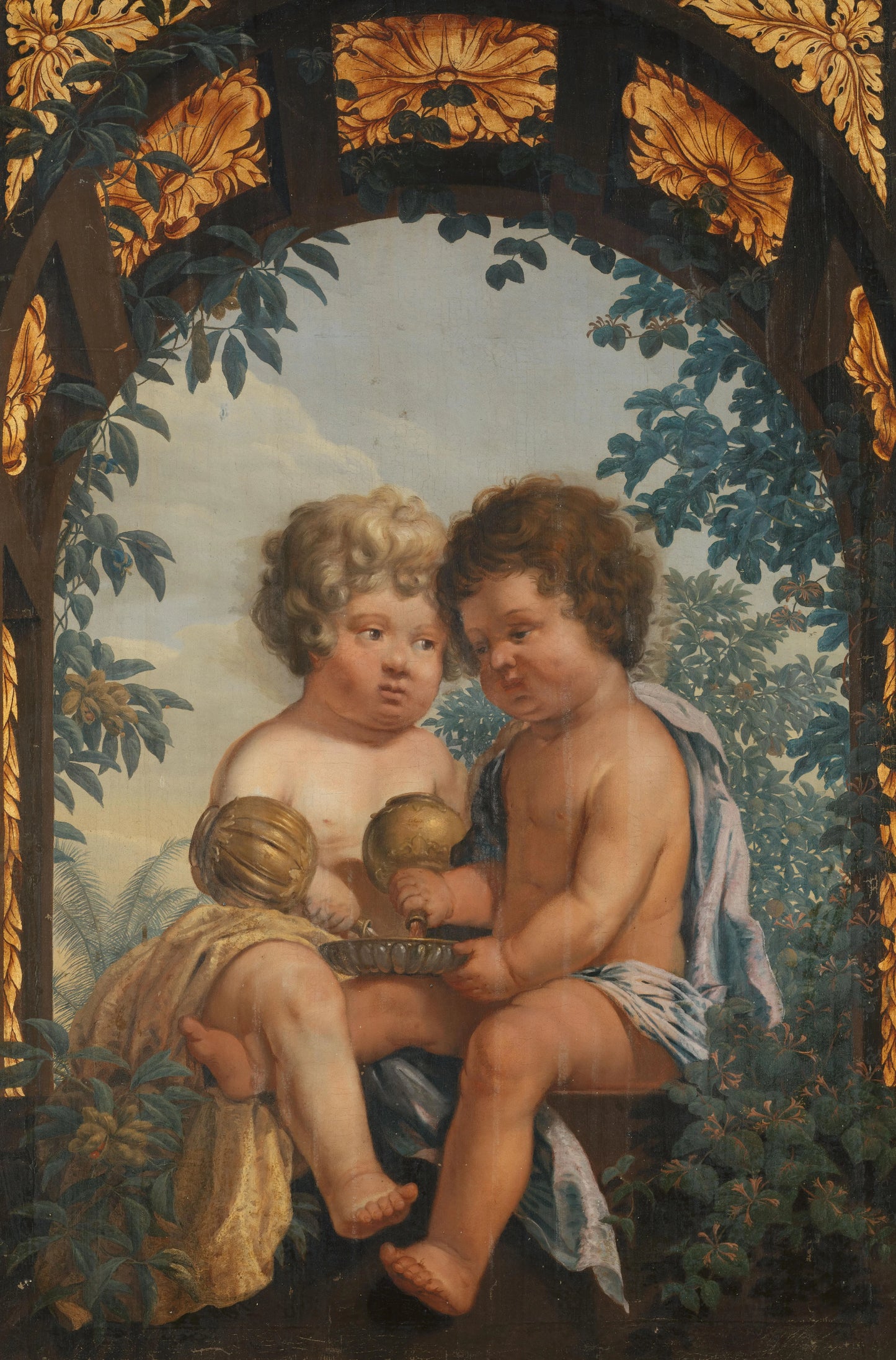 Christian Allegory with two Children both Pouring from a Carafe into a Bowl – anonymous Vintage Art Print | Wall Art Poster