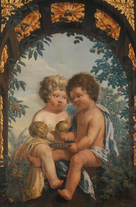 Christian Allegory with two Children both Pouring from a Carafe into a Bowl – anonymous Vintage Art Print | Wall Art Poster
