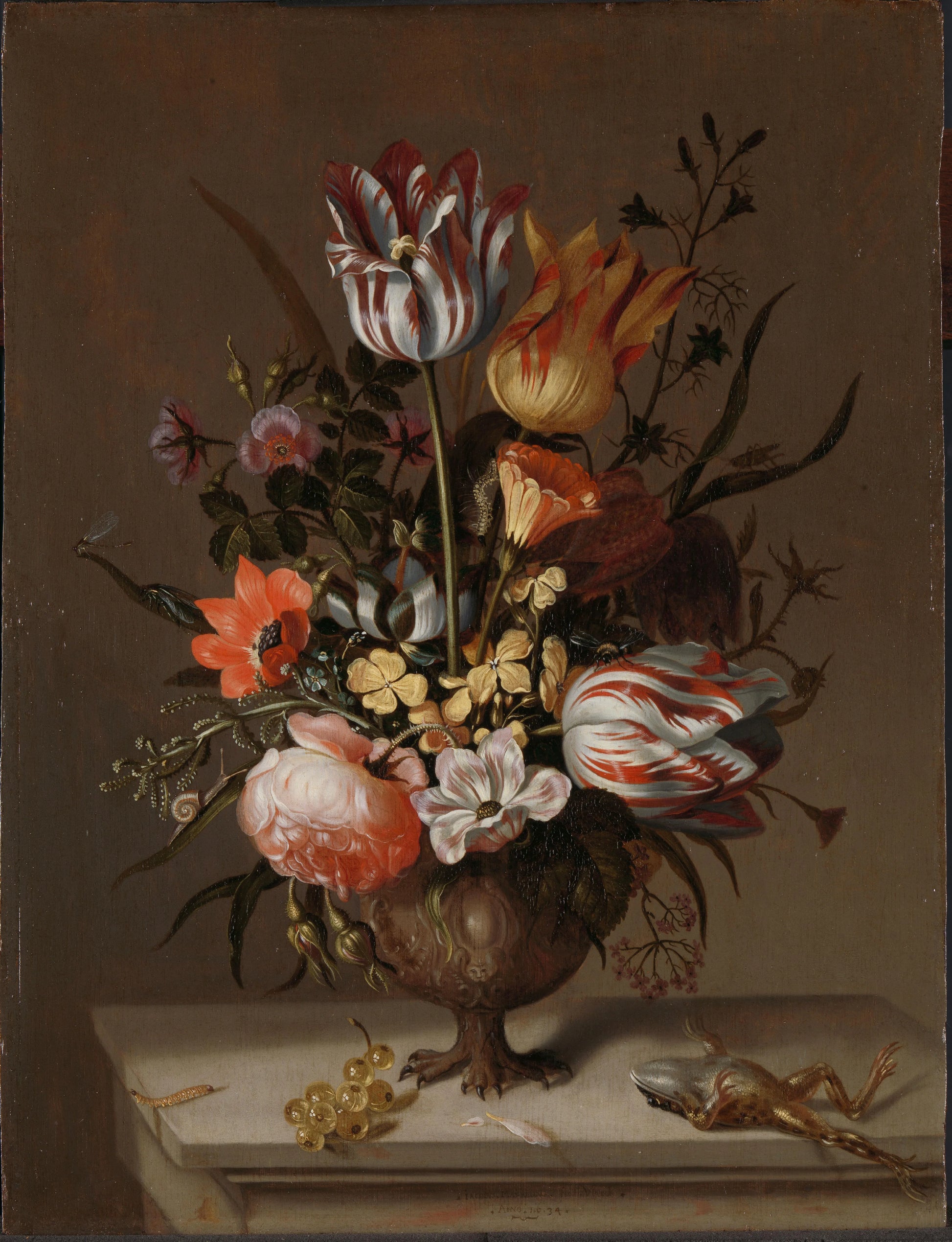 Still Life with a Vase of Flowers and a Dead Frog – Jacob Marrel (mentioned on object) Vintage Portrait Art Print | Wall Art Poster
