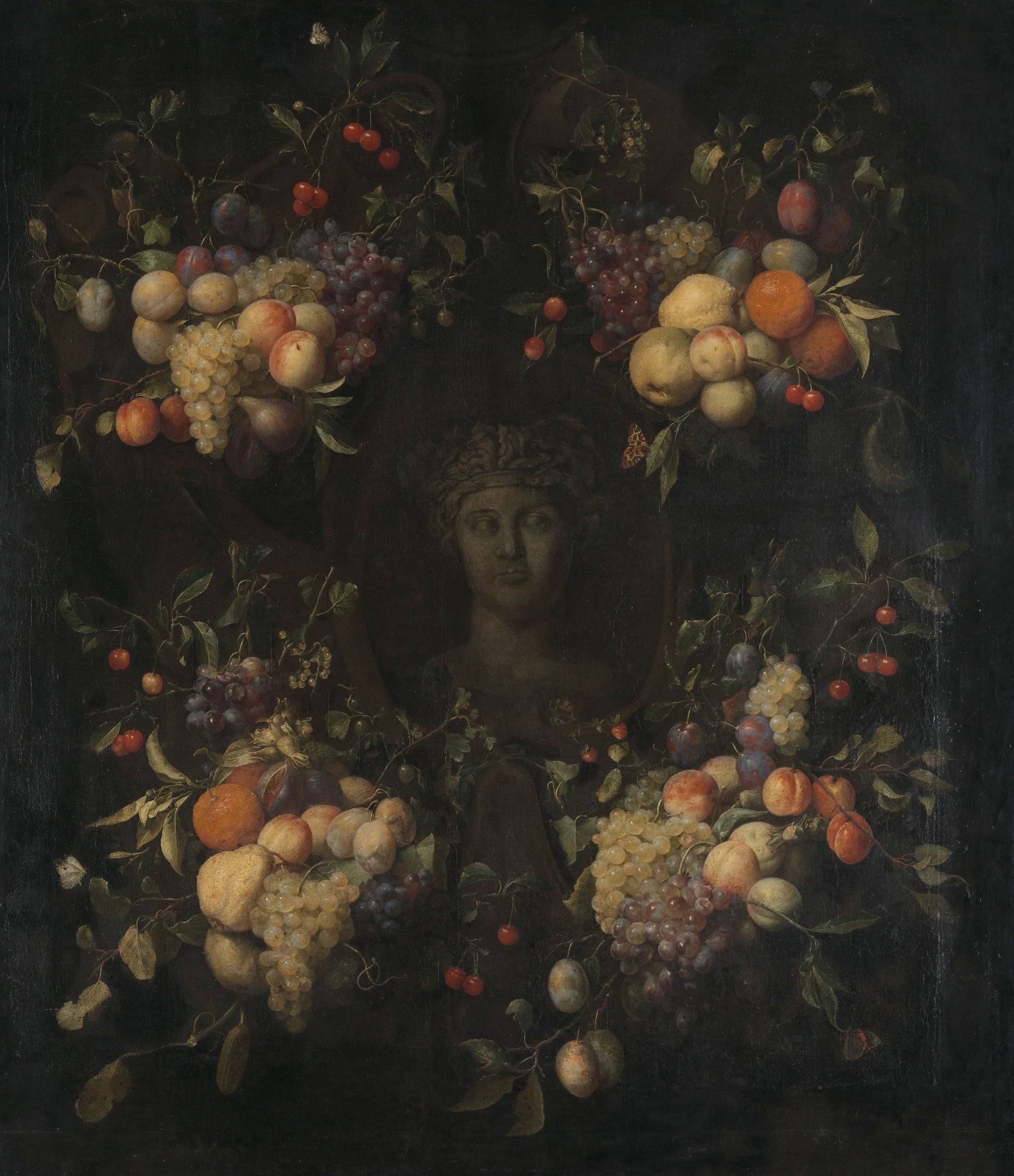 Simulated Sculpted Head of a Woman in a Cartouche Decorated with Swags of Fruit – Joris van Son Vintage Still Life Art Print | Wall Art Poster