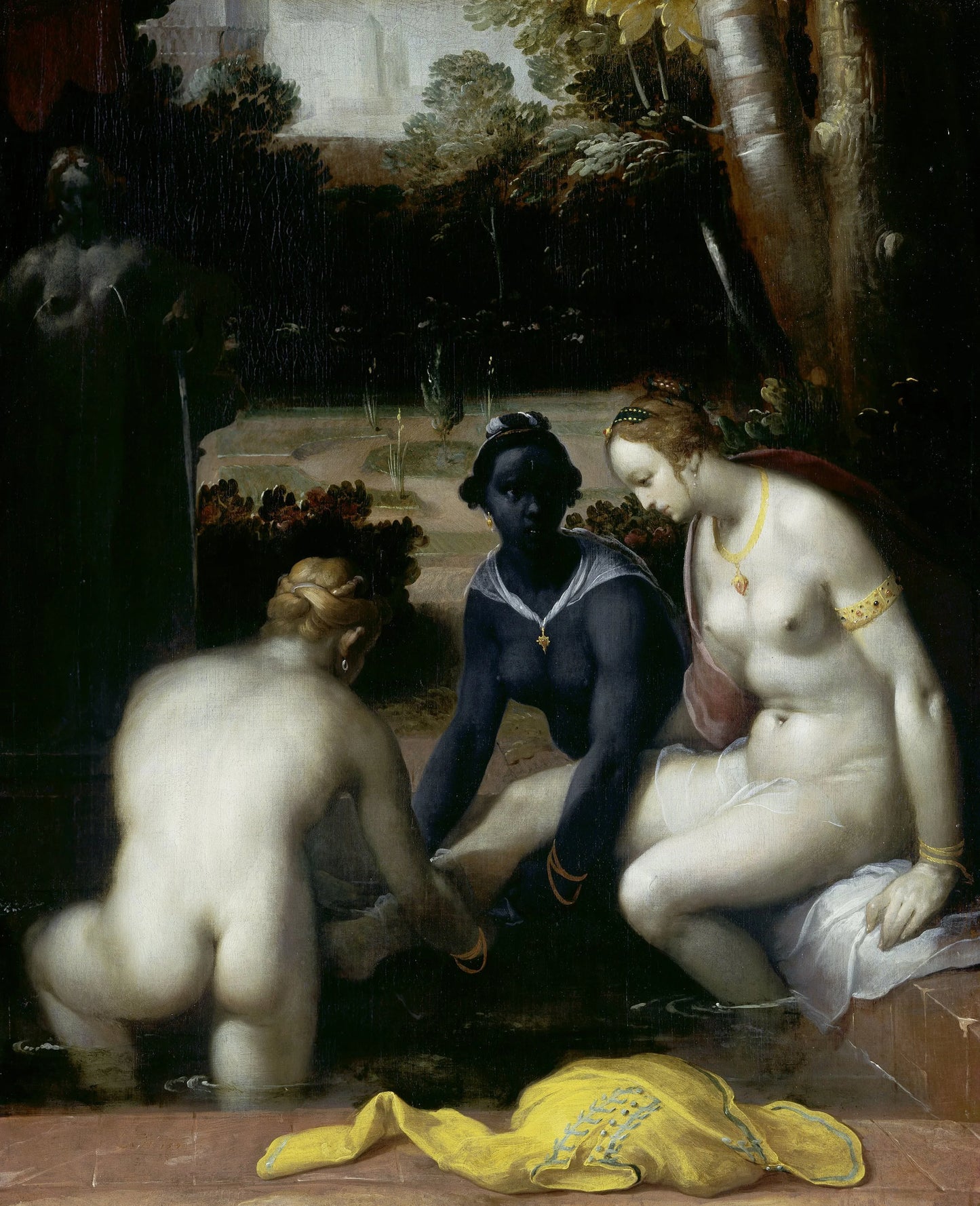 Bathsheba at her Toilet – Cornelis Cornelisz. van Haarlem (vermeld op object) Vintage Garden Scene Art Print | Wall Art Poster