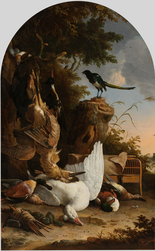 A Hunter's Bag, near a Tree Stump with a Magpie, known as 'The Contemplative Magpie' – Melchior d' Hondecoeter Vintage Still Life Art Print | Wall Art Poster