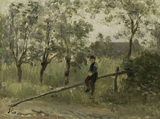 Country Boy on a Pole Barrier – Jozef Israëls (vermeld op object) Vintage Landscape Art Print | Wall Art Poster