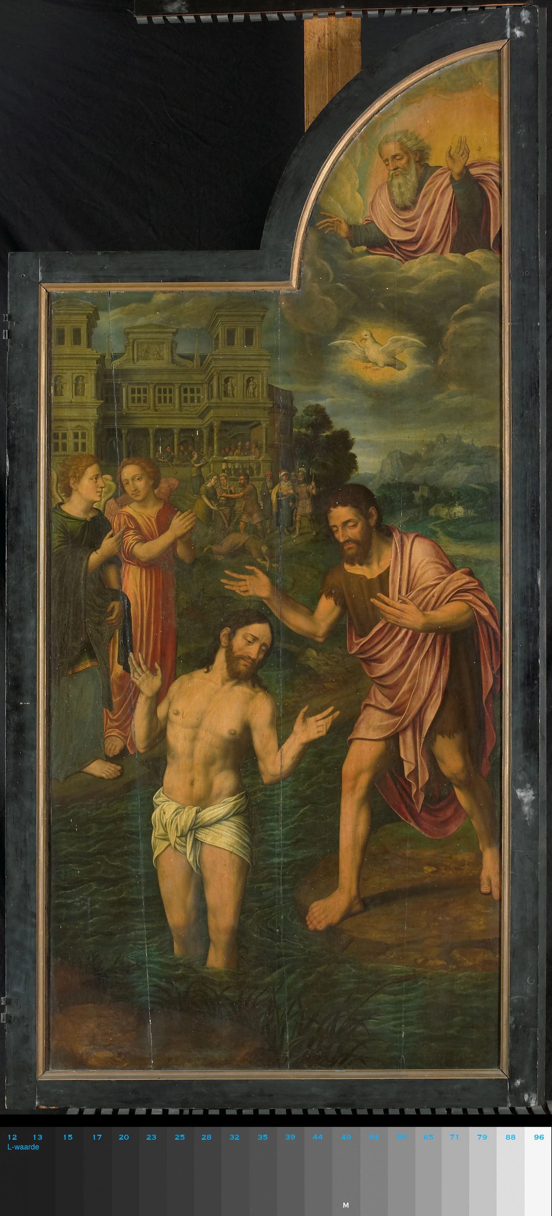 De doop van Christus in de Jordaan, rechter paneel van een drieluik – Jan van Coninxloo (II) Vintage River Scene Art Print | Wall Art Poster