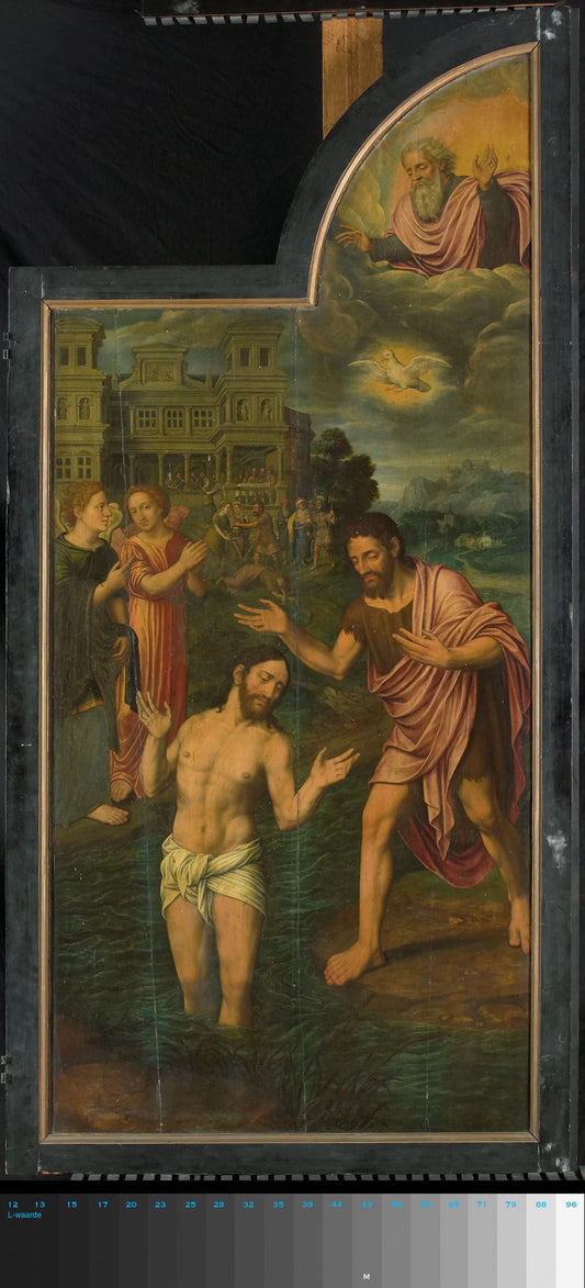 De doop van Christus in de Jordaan, rechter paneel van een drieluik – Jan van Coninxloo (II) Vintage River Scene Art Print | Wall Art Poster