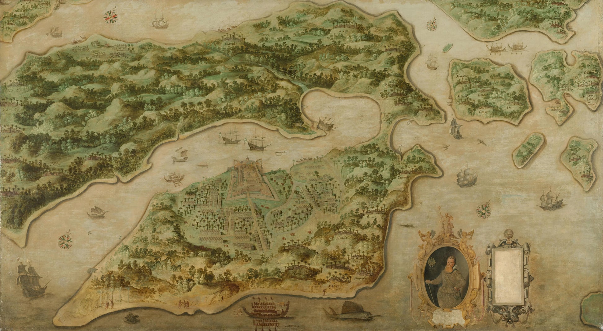 Bird's-eye View of Ambon, with a Portrait of Frederik Houtman (1571-1627) in a Cartouche – anonymous Vintage Portrait Art Print | Wall Art Poster