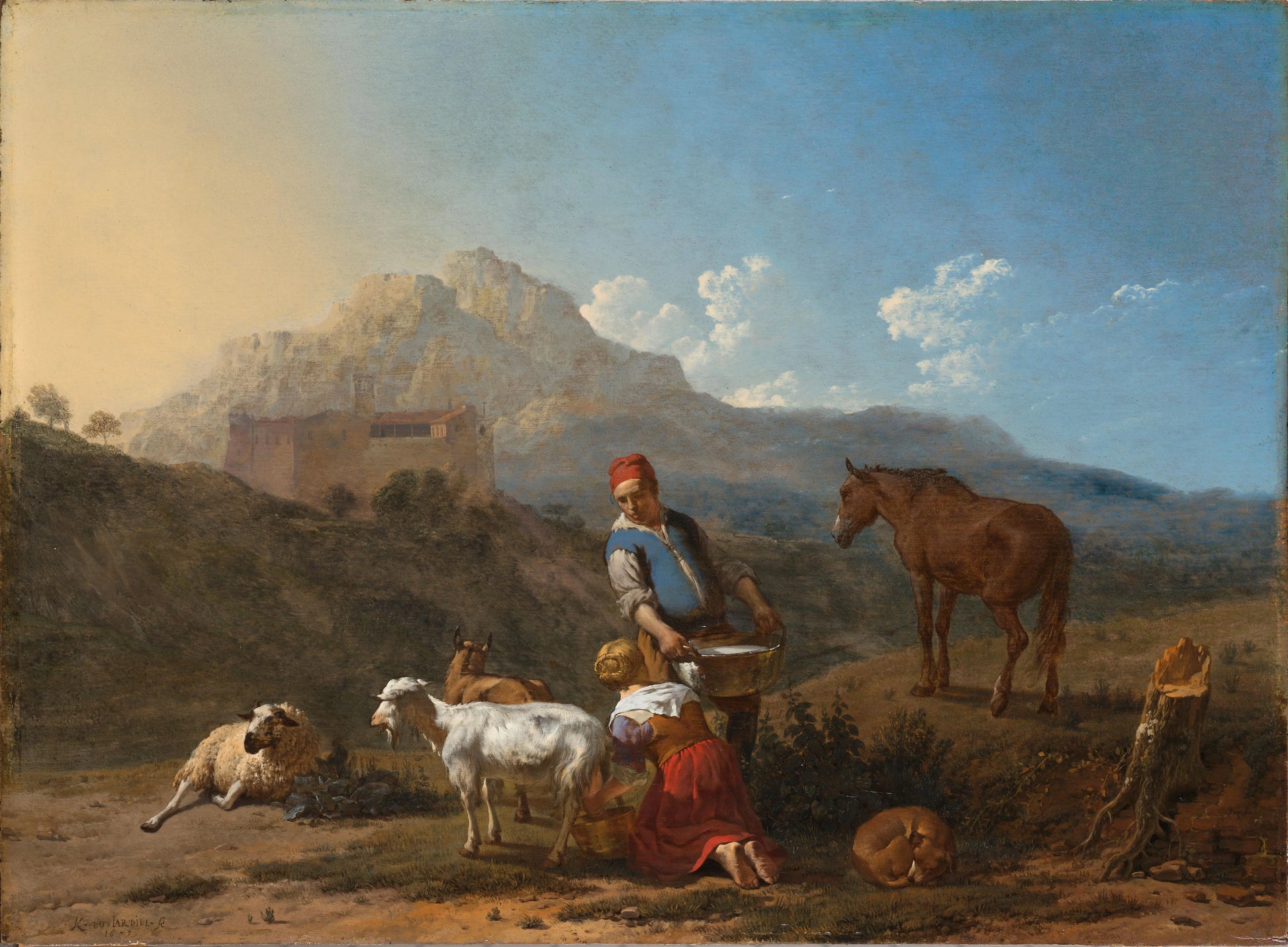 Italian Landscape with Girl milking a Goat – Karel du Jardin Vintage Landscape Art Print | Wall Art Poster