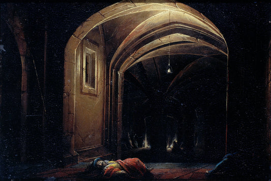 Men Sleeping in a Room with lighted Arches – Hendrik van Steenwijck (I) (mogelijk) Vintage Art Print | Wall Art Poster