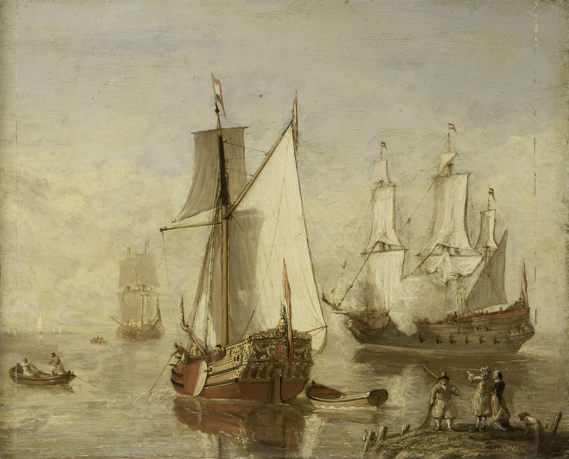 Speeljacht (Pleasure Yacht) and Warship – anoniem Vintage Marine Scene Art Print | Wall Art Poster