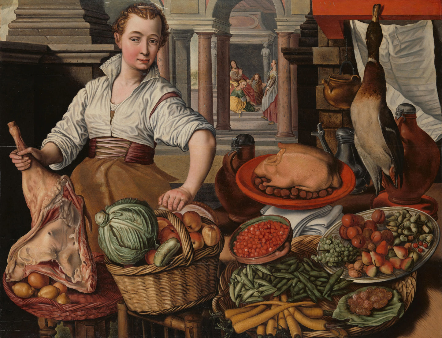 Kitchen Scene, with Jesus in the House of Martha and Mary in the background – kopie naar Joachim Bueckelaer Vintage Still Life Art Print | Wall Art Poster
